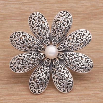 Alternate image for Handmade 925 Sterling Silver Cultured Pearl Floral Brooch Starlight Flower