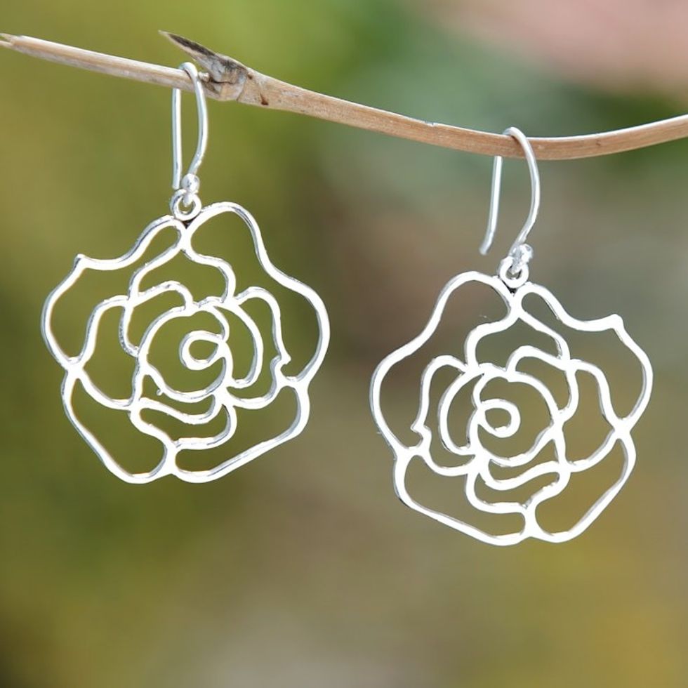 High-Polished Rose-Shaped Sterling Silver Dangle Earrings 'Romantic Silhouette'