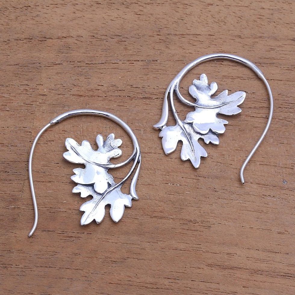 Leaf-Shaped Sterling Silver Drop Earrings from Bali 'Leafy Canopy'