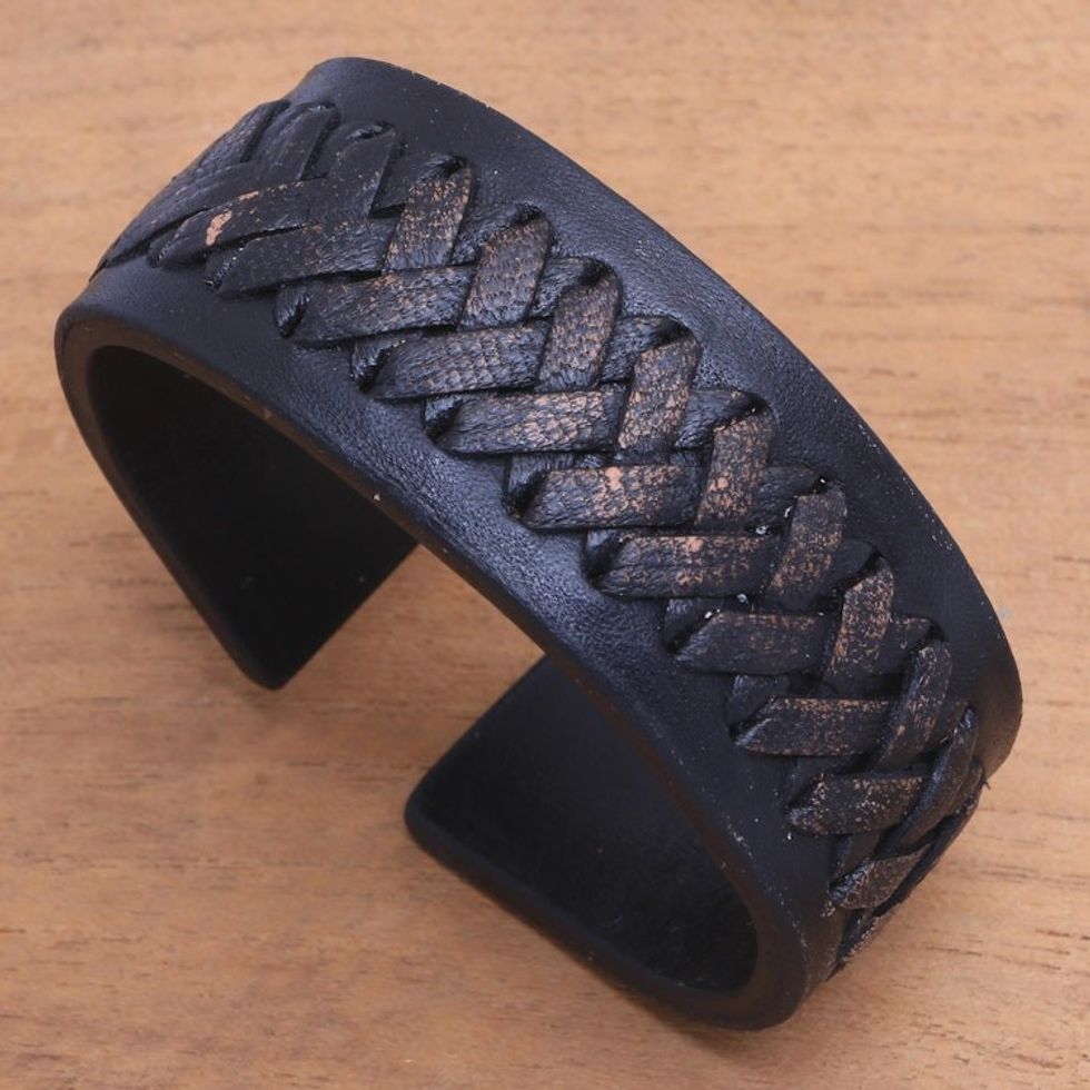 Black Leather Cuff Bracelet with Criss-Cross Laces 'Tenacity'