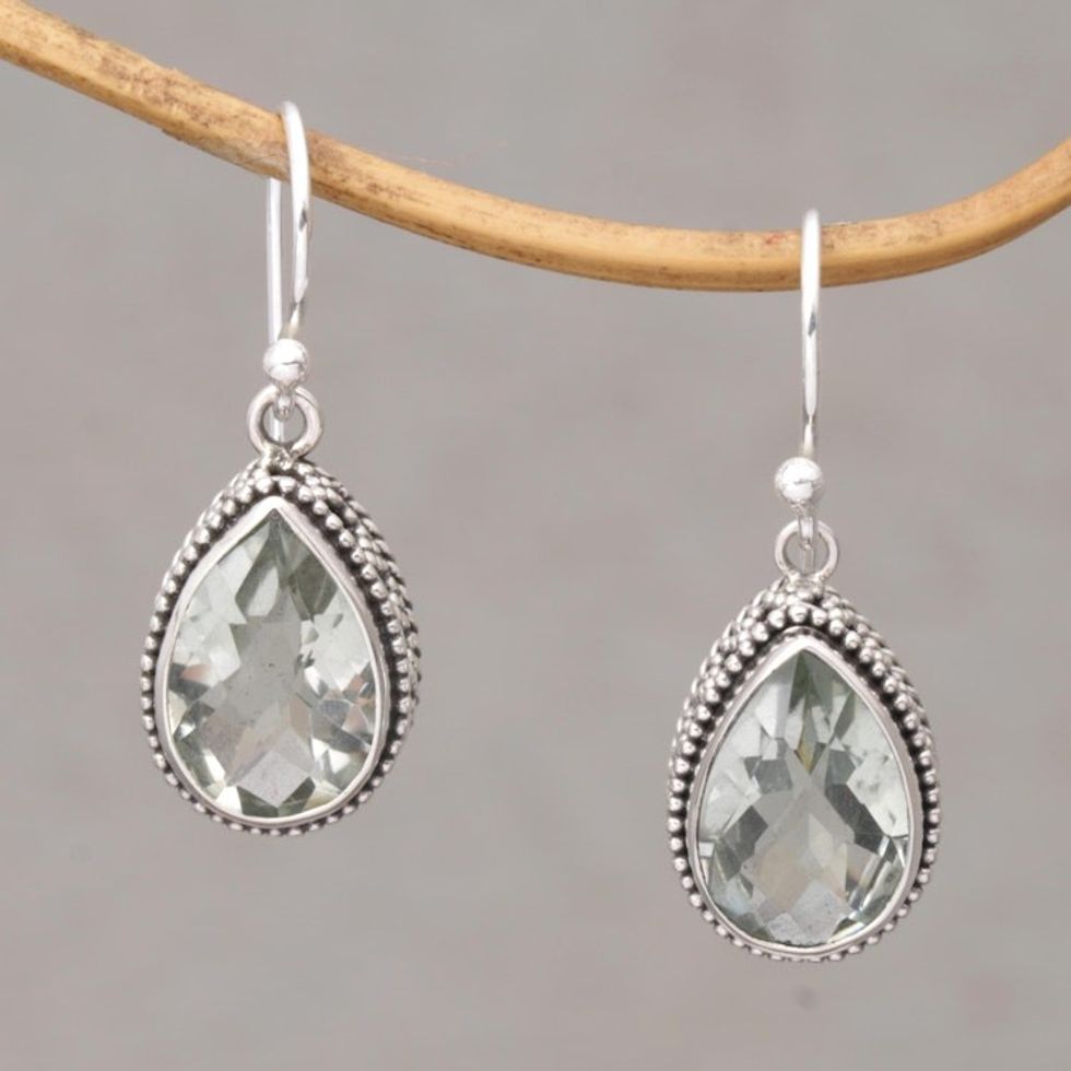 Prasiolite and Silver Teardrop Dangle Earrings from Bali 'Sparkling Spring'