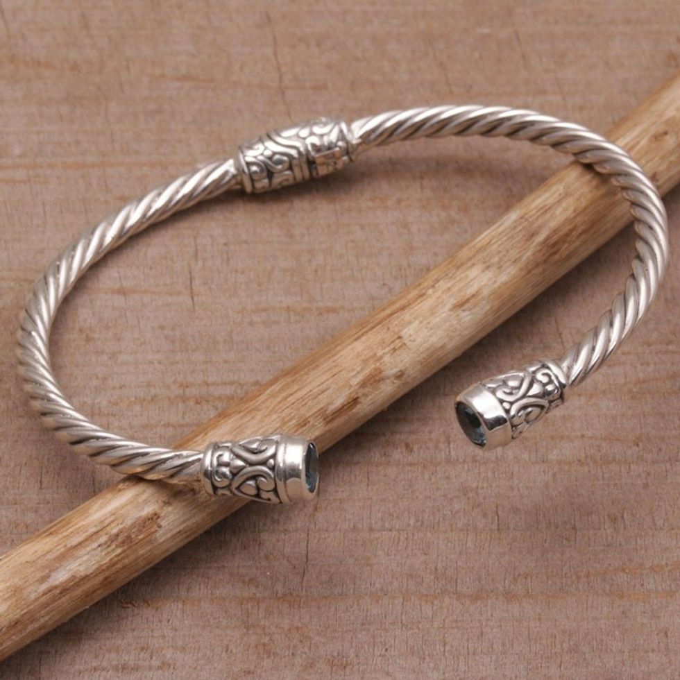 Blue Topaz and Sterling Silver Cuff Bracelet from Bali 'Spiral Temple'