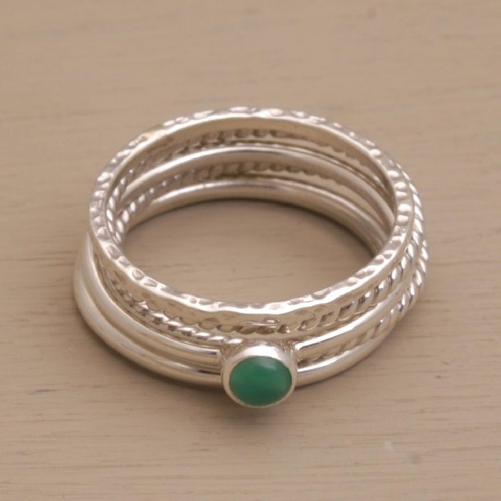 Sterling Silver and Green Agate Stacking Rings Set of 5 'As One'