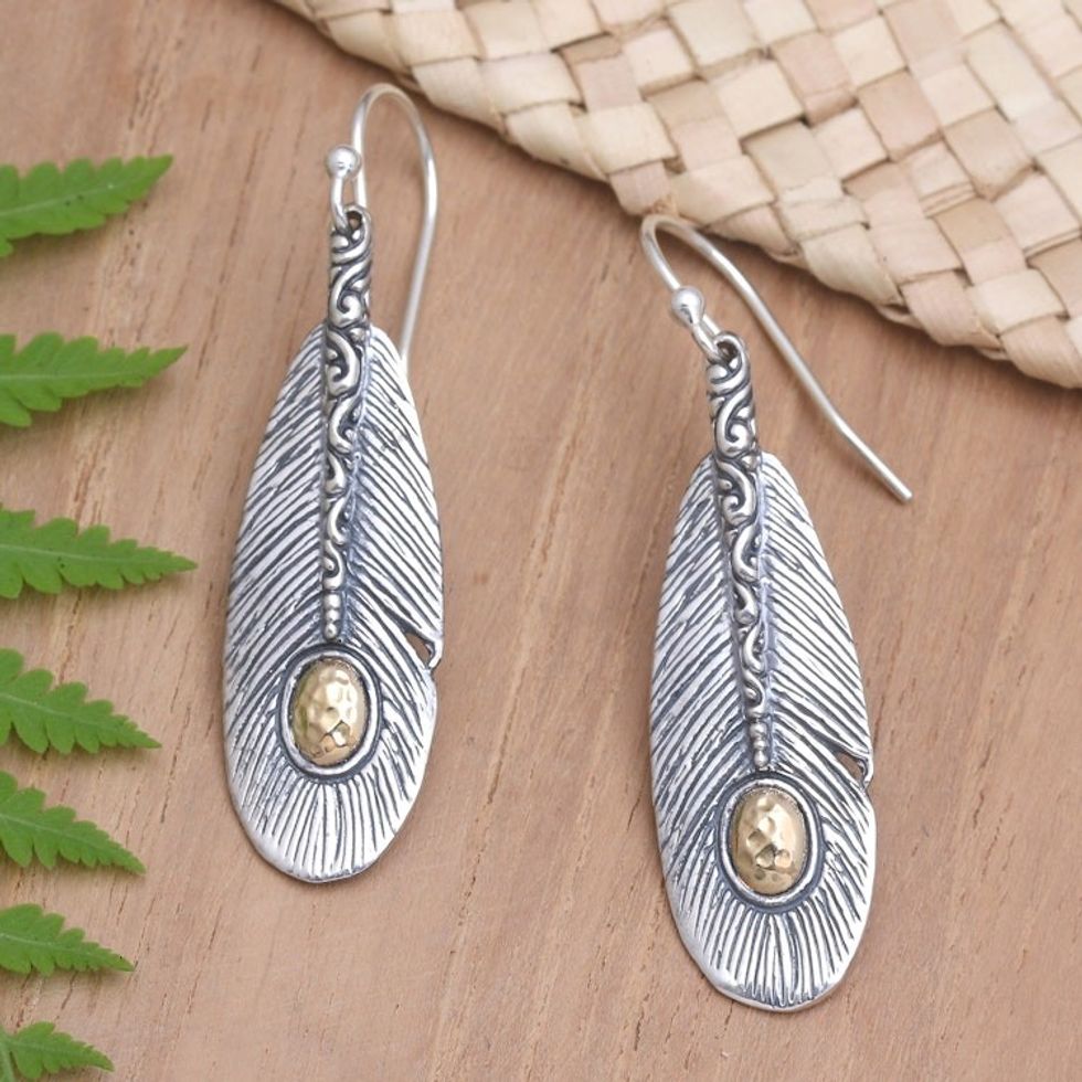 Gold-Accented Dangle Earrings with Feather Motif 'Fly High'