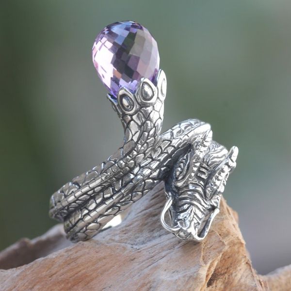 Alternate image for Original Artisan Crafted Silver Dragon Ring with Amethyst Royal Dragon
