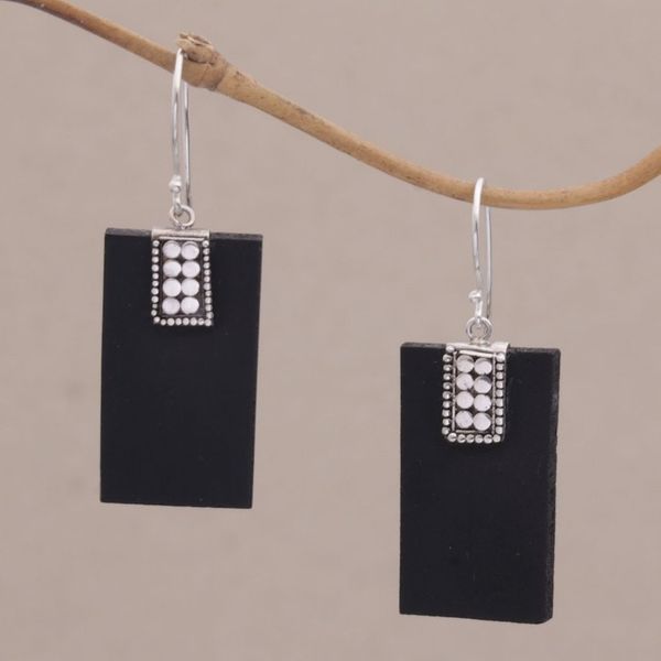 Alternate image for Indonesian Lava Stone and Sterling Silver Handmade Earrings Sukawati Dominoes
