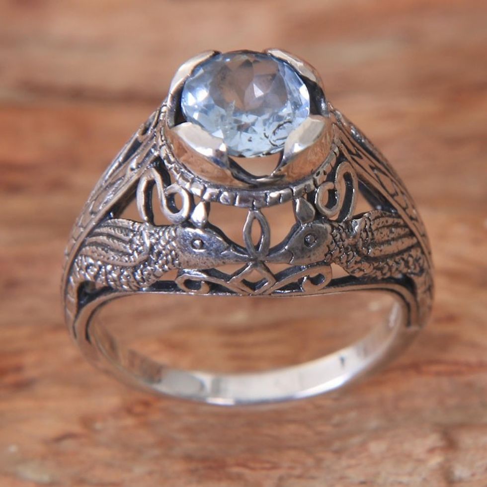 Balinese Sterling Silver and Blue Topaz Bird Theme Ring 'Starling Romance'