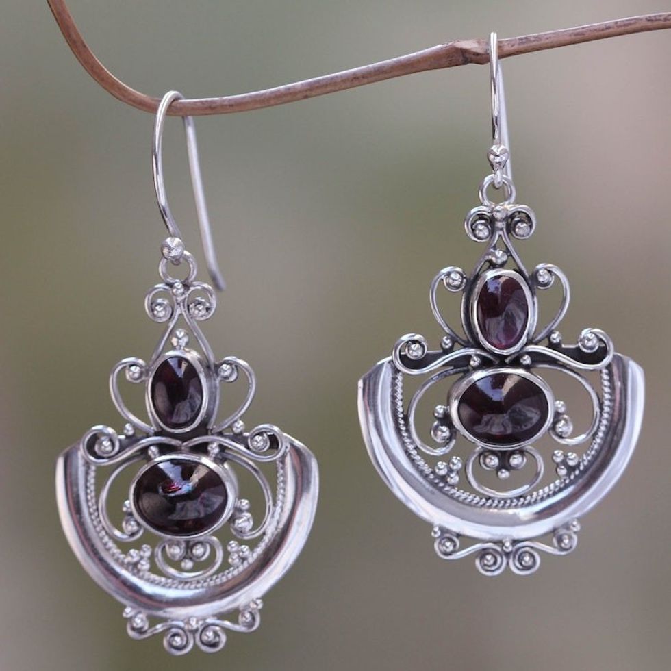 Sterling Silver Garnet Dangle Earrings 'Arabesques'