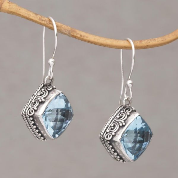 Alternate image for Blue Topaz and Silver Bubble Motif Dangle Earrings from Bali Eyes of Pura