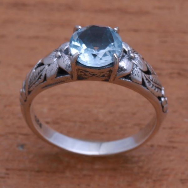 Alternate image for Floral Blue Topaz Single-Stone Ring from Bali Floral Glint