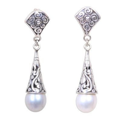 Alternate image for Balinese Cultured Pearl Earrings Crafted of Sterling Silver Lotus Bud Promise