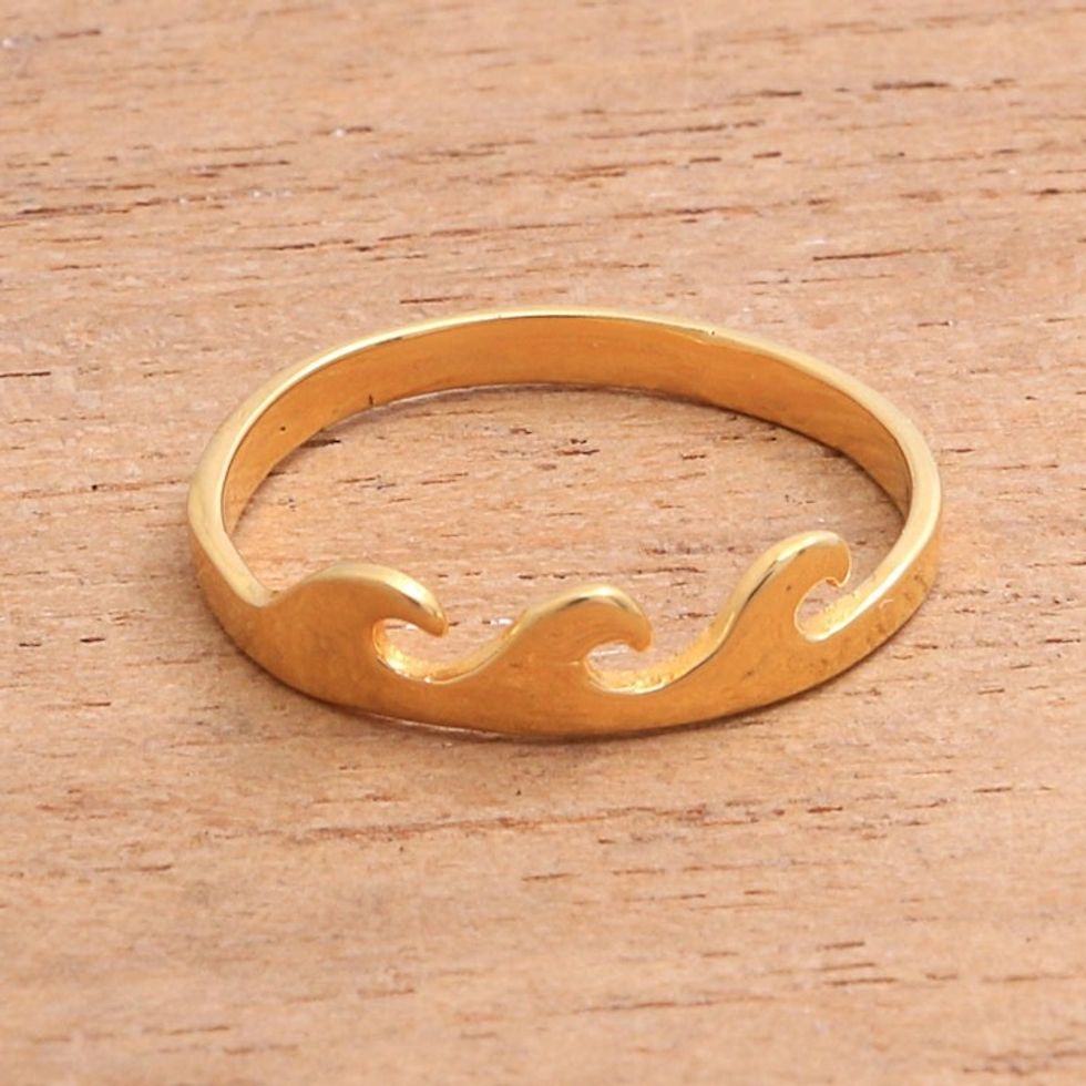 Wave Motif Gold Plated Sterling Silver Band Ring from Bali 'Indonesian Waves'