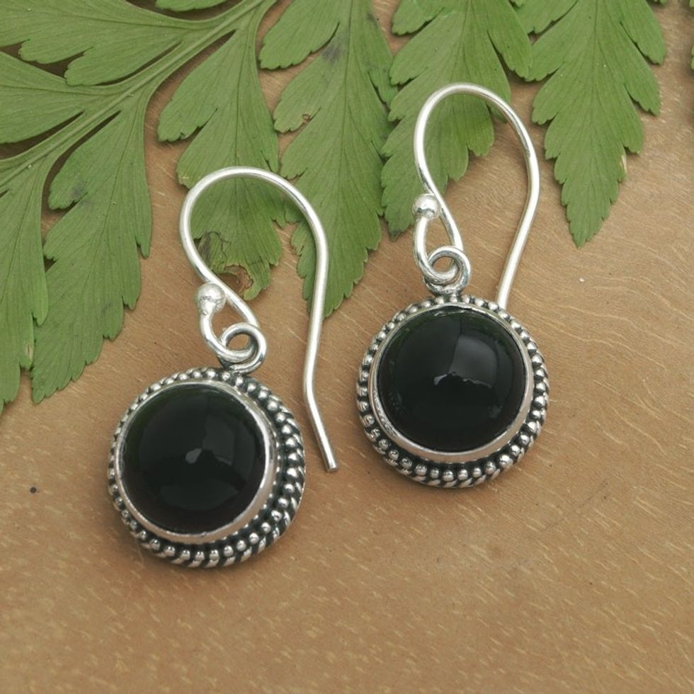 Dangle Earrings with Onyx Cabochons and Braided Motifs 'Guardian Gaze'