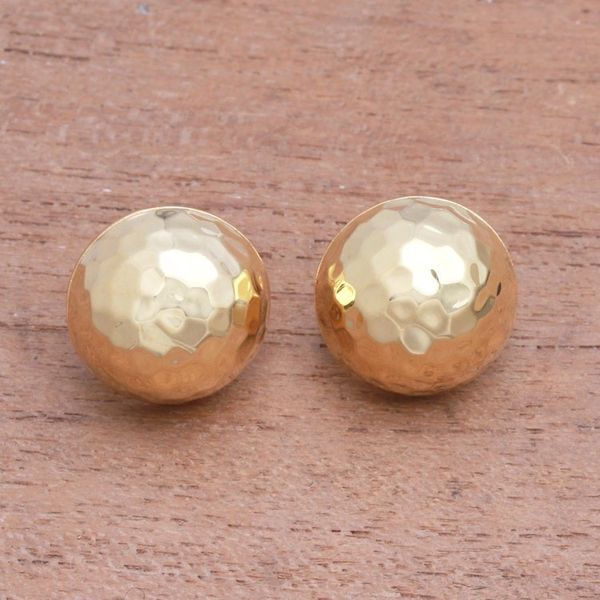 Alternate image for Domed Gold Plated Sterling Silver Button Earrings from Bali Hammered Domes