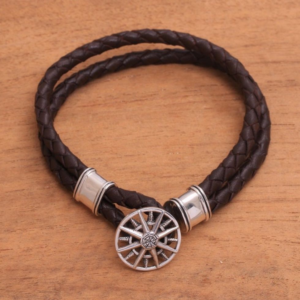 Leather Braided Cord Bracelet with a Sterling Silver Compass 'True North'