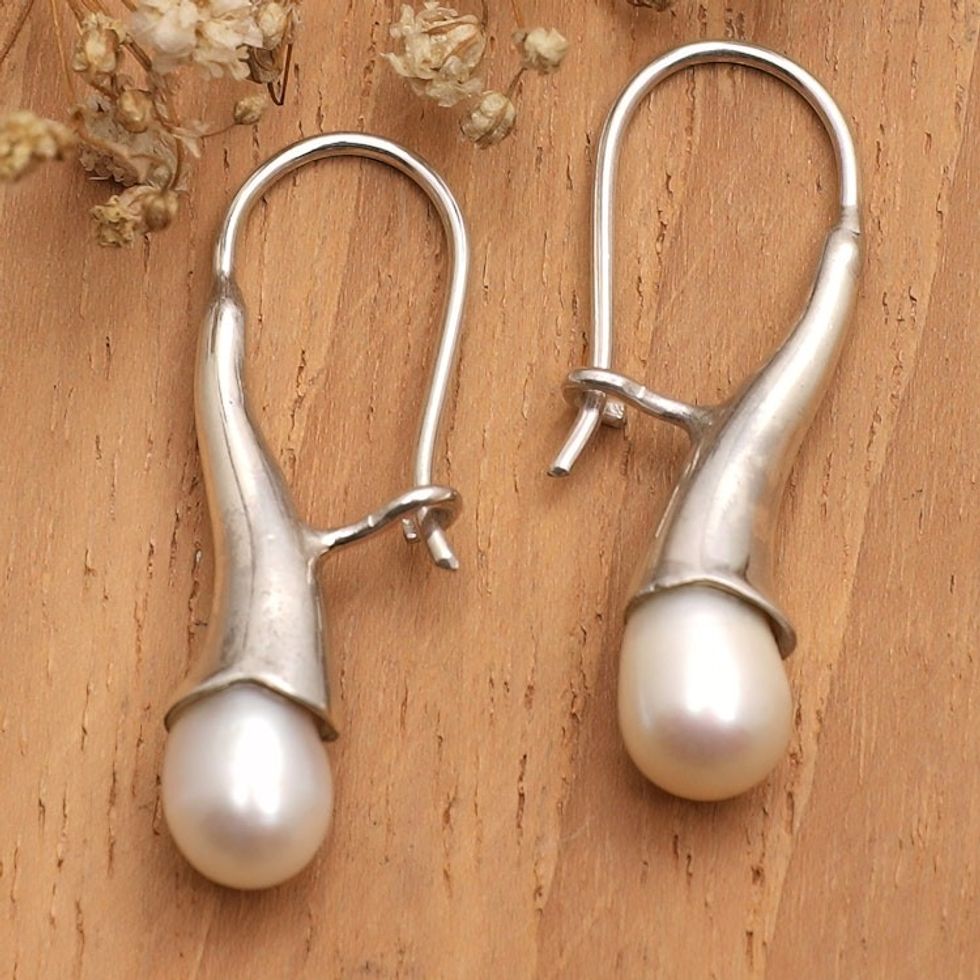 Polished Sterling Silver Drop Earrings with White Pearls 'Pearly Sophistication'