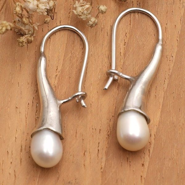 Alternate image for Polished Sterling Silver Drop Earrings with White Pearls Pearly Sophistication