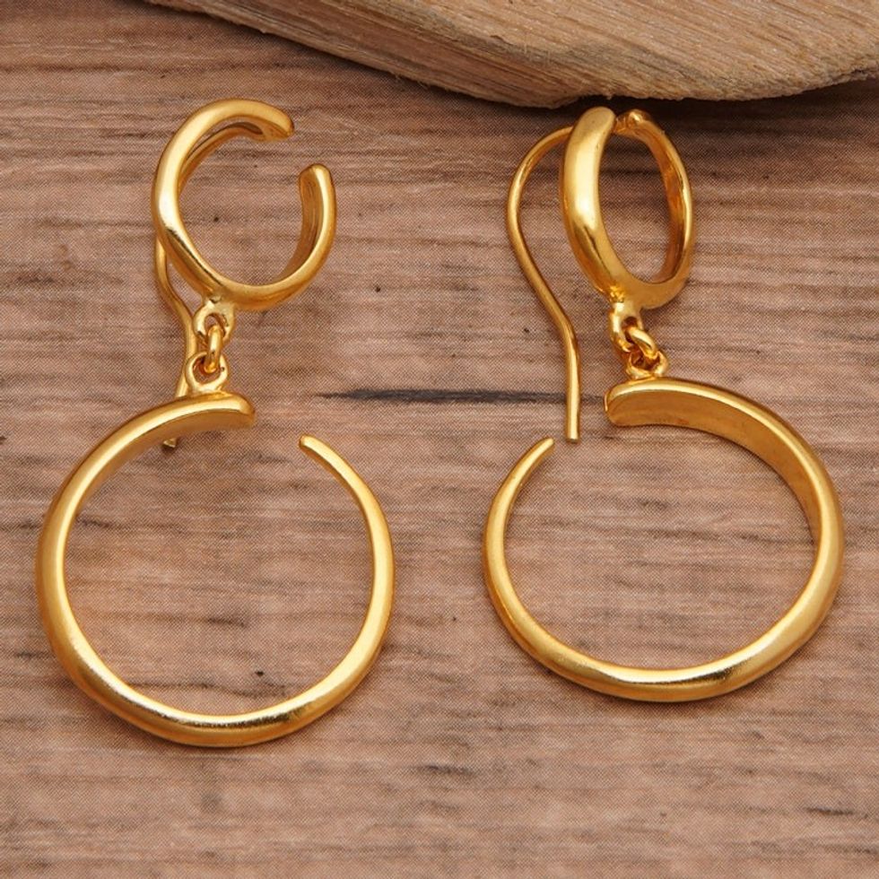 Modern 18k Gold-Plated Brass Dangle Earrings with Hoops 'Radiant Full Moon'