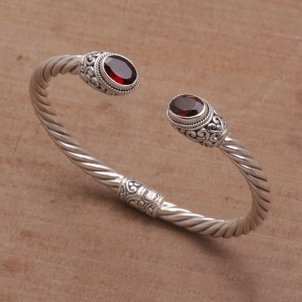 Alternate image for Sterling Silver and Faceted Garnet Hinged Cuff Bracelet Fiery Royalty