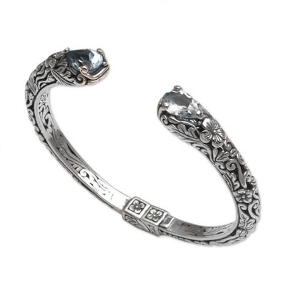 Alternate image for Floral Blue Topaz and Silver Cuff Bracelet from Bali Transcendent Forest