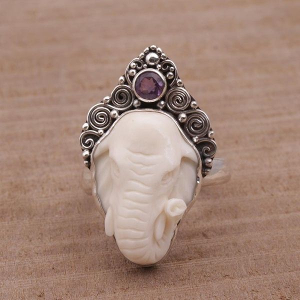 Alternate image for Polished Sterling Silver Ring with Elephant and Amethyst Elephant Grandeur