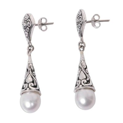 Alternate image for Balinese Cultured Pearl Earrings Crafted of Sterling Silver Lotus Bud Promise
