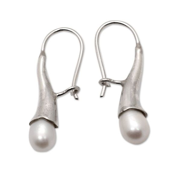 Alternate image for Polished Sterling Silver Drop Earrings with White Pearls Pearly Sophistication