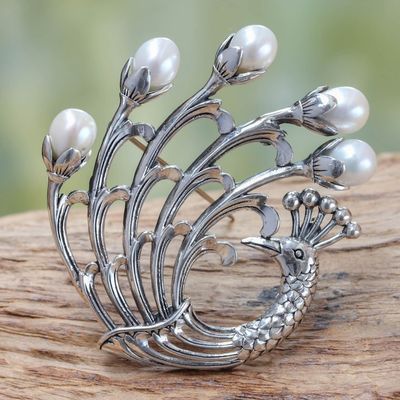 Alternate image for Sterling Silver Peacock Brooch Pin with Cultured Pearls Resplendent Peacock