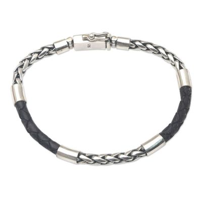Alternate image for Mens Black Leather and Sterling Silver Bracelet Charming Man in Black