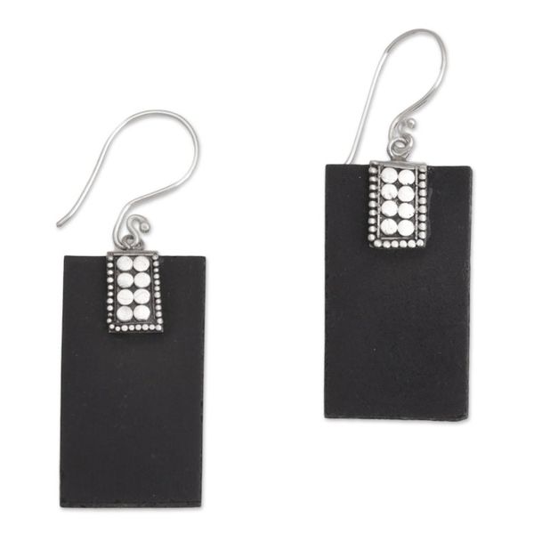 Alternate image for Indonesian Lava Stone and Sterling Silver Handmade Earrings Sukawati Dominoes