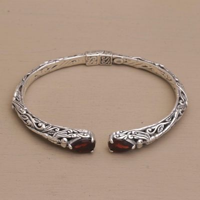 Alternate image for Balinese Sterling Silver and Garnet Hinged Cuff Bracelet Looking for You