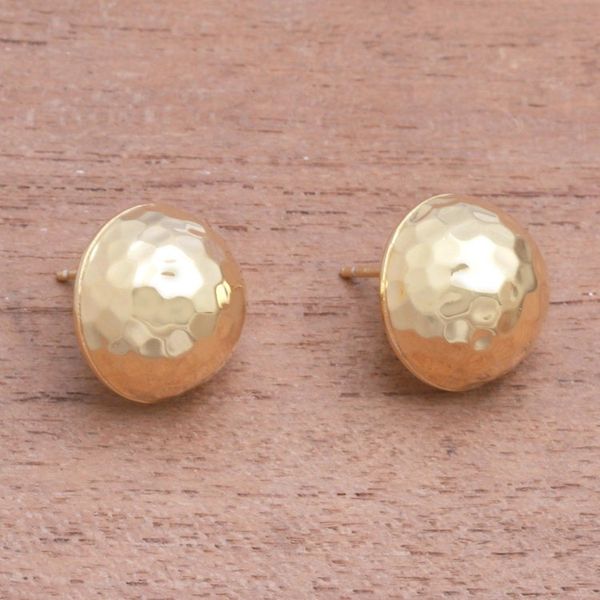 Alternate image for Domed Gold Plated Sterling Silver Button Earrings from Bali Hammered Domes