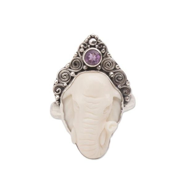 Alternate image for Polished Sterling Silver Ring with Elephant and Amethyst Elephant Grandeur