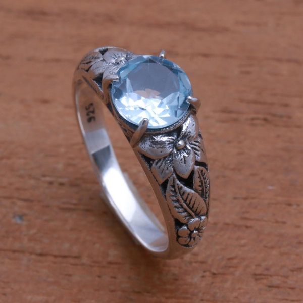 Alternate image for Floral Blue Topaz Single-Stone Ring from Bali Floral Glint