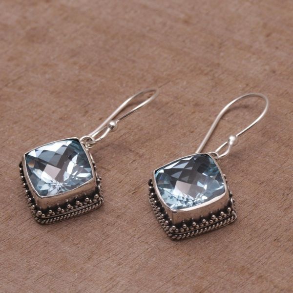 Alternate image for Blue Topaz and Silver Bubble Motif Dangle Earrings from Bali Eyes of Pura