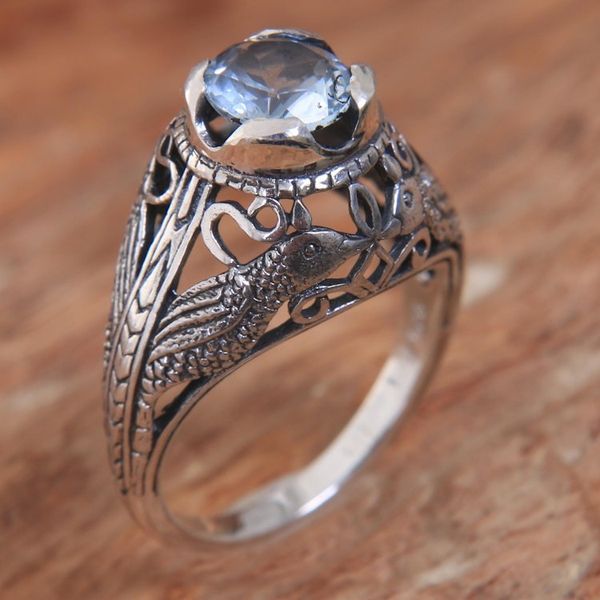 Alternate image for Balinese Sterling Silver and Blue Topaz Bird Theme Ring Starling Romance