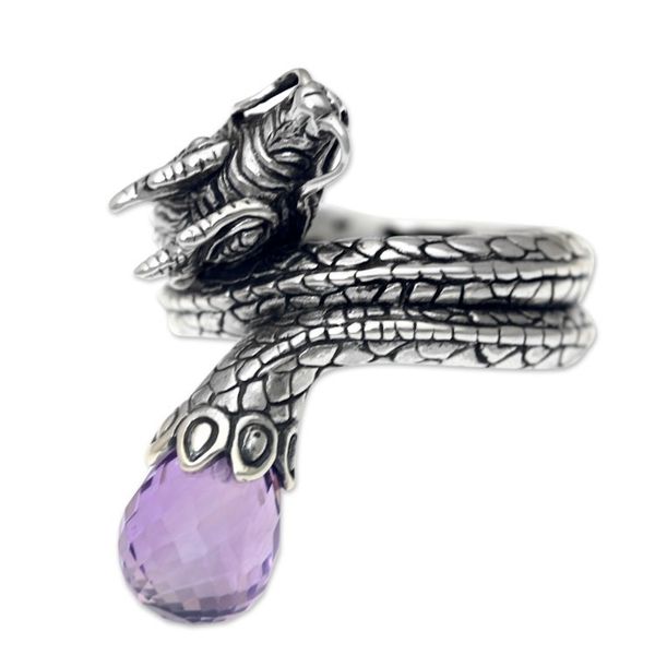 Alternate image for Original Artisan Crafted Silver Dragon Ring with Amethyst Royal Dragon