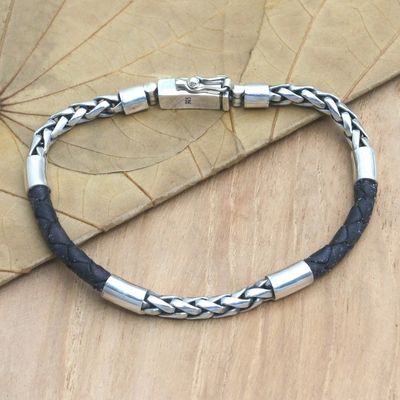 Alternate image for Mens Black Leather and Sterling Silver Bracelet Charming Man in Black