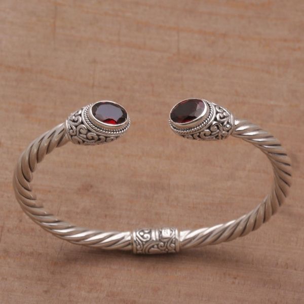 Alternate image for Sterling Silver and Faceted Garnet Hinged Cuff Bracelet Fiery Royalty