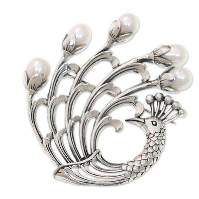 Alternate image for Sterling Silver Peacock Brooch Pin with Cultured Pearls Resplendent Peacock