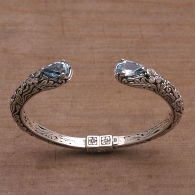 Alternate image for Floral Blue Topaz and Silver Cuff Bracelet from Bali Transcendent Forest