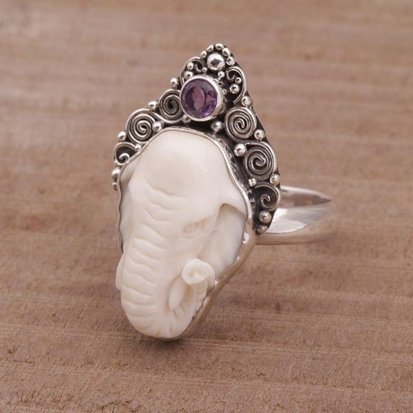 Alternate image for Polished Sterling Silver Ring with Elephant and Amethyst Elephant Grandeur