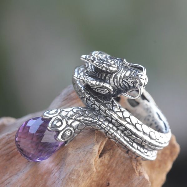 Alternate image for Original Artisan Crafted Silver Dragon Ring with Amethyst Royal Dragon