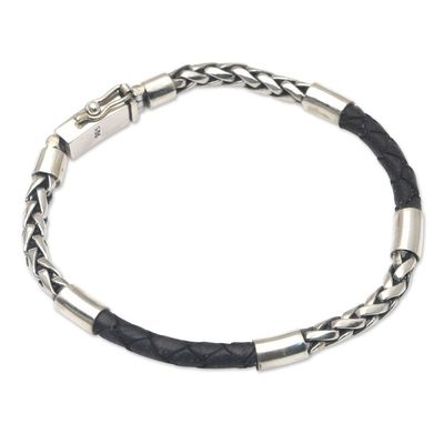 Alternate image for Mens Black Leather and Sterling Silver Bracelet Charming Man in Black