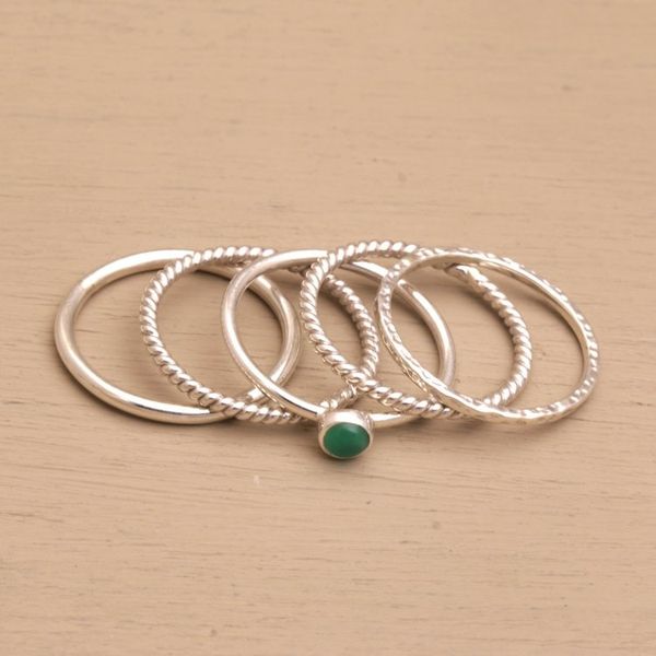 Alternate image for Sterling Silver and Green Agate Stacking Rings Set of 5 As One