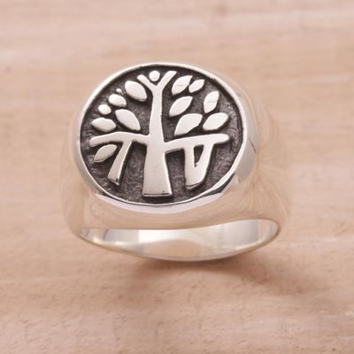 Alternate image for Handcrafted Sterling Silver Signet Ring with Tree Motif Beringin Magic