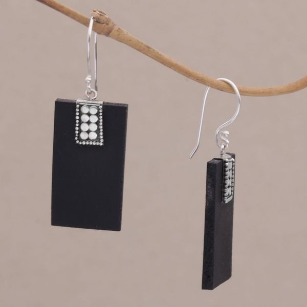 Alternate image for Indonesian Lava Stone and Sterling Silver Handmade Earrings Sukawati Dominoes
