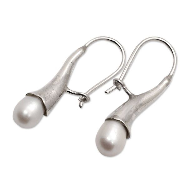 Alternate image for Polished Sterling Silver Drop Earrings with White Pearls Pearly Sophistication