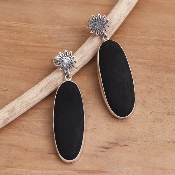 Alternate image for Sterling Silver and Black Lava Stone Oval Dangle Earrings Long Oval Shadow