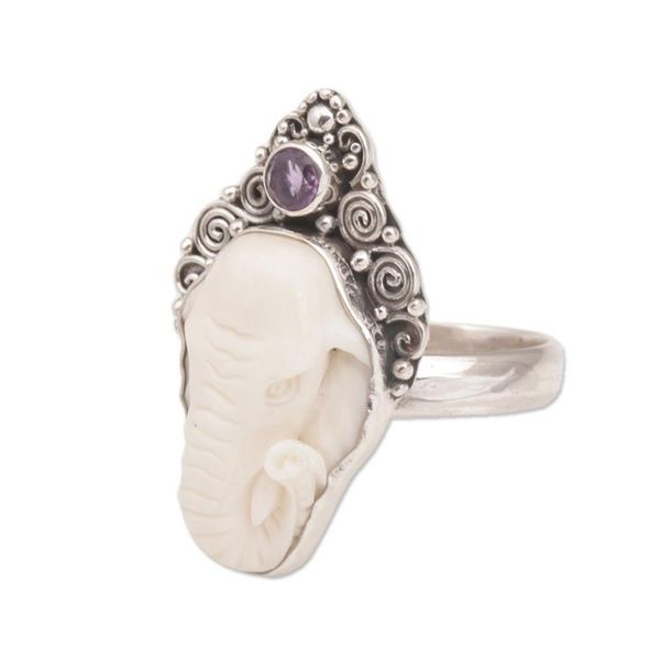 Alternate image for Polished Sterling Silver Ring with Elephant and Amethyst Elephant Grandeur